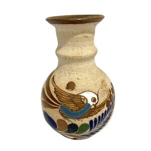 Tonala Mexican pottery bud vase stoneware bird feathers brown cobalt signed